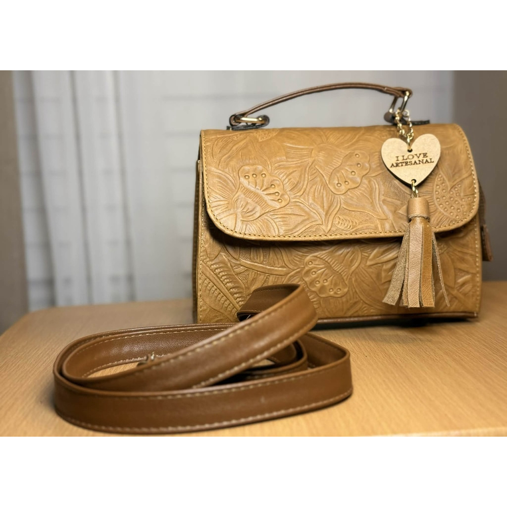 Camel Beige Sunflower Embossed Tooled Artisan LEATHER Crossbody bag Purse - Picture 13 of 16
